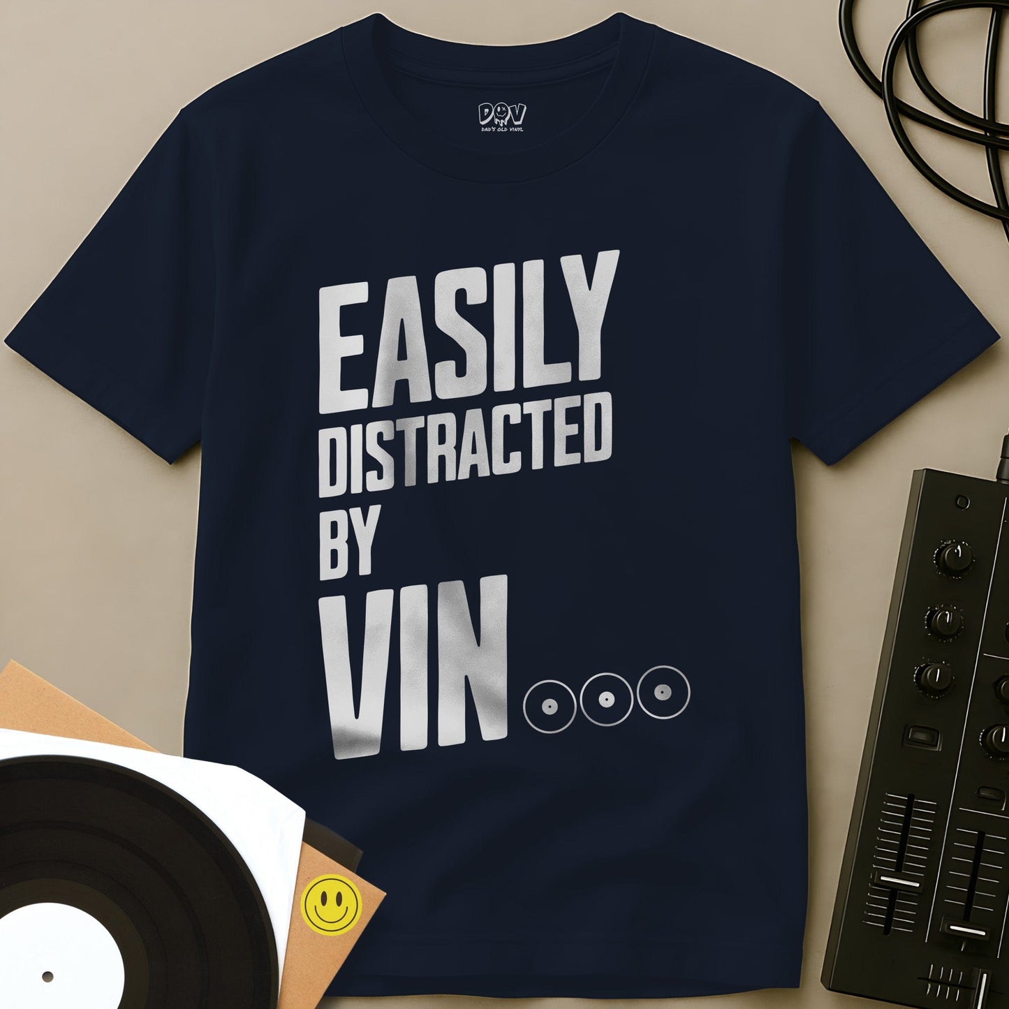 Easily Distracted By Vinyl T-Shirt Navy / S Easily Distracted By Vinyl T-Shirt