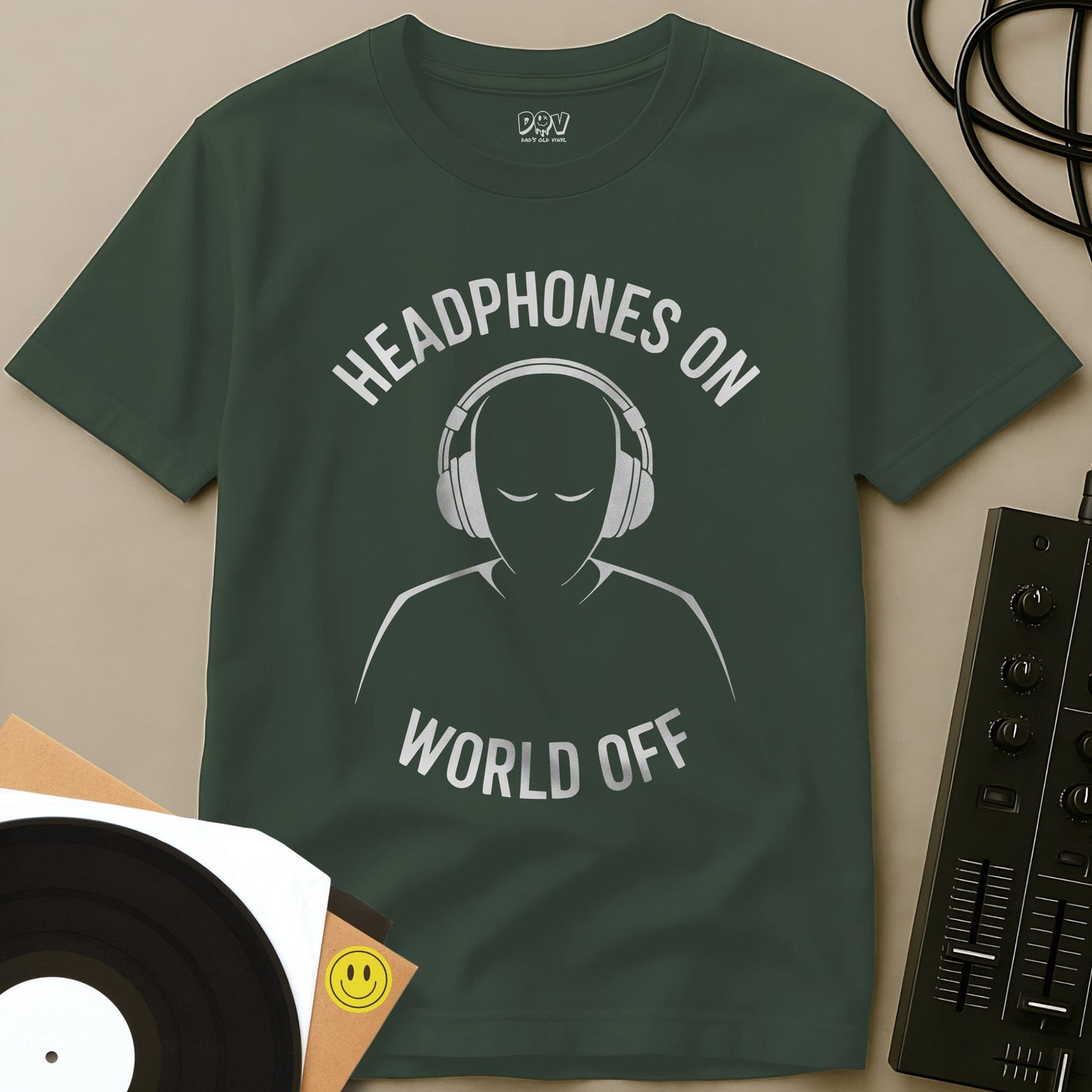 Headphones On World Off T-Shirt Military Green / S Headphones On World Off T-Shirt