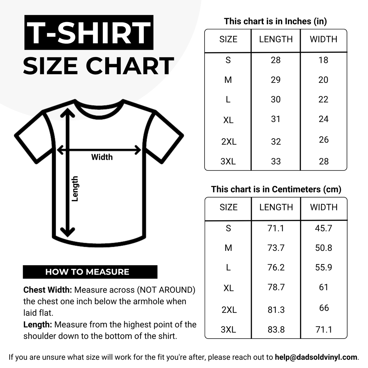 Dad's Old Vinyl t-shirt size chart - Gildan 64000, inches and centimetres, S to 3XL