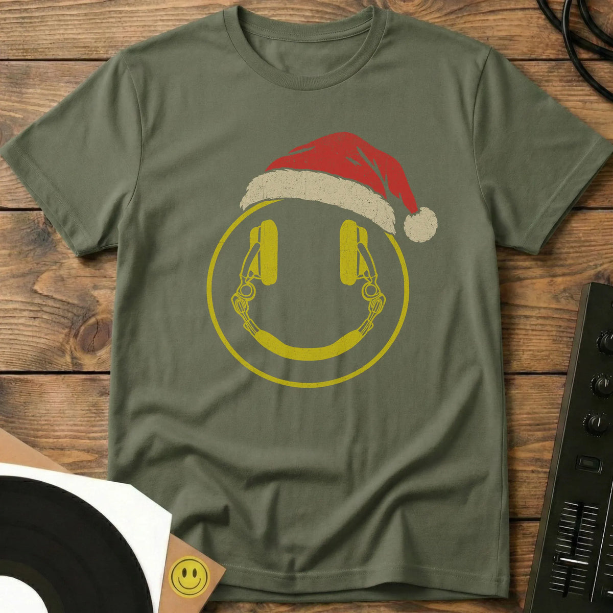 Christmas Smiley DJ T-Shirt Military Green / S Christmas Smiley DJ T-Shirt