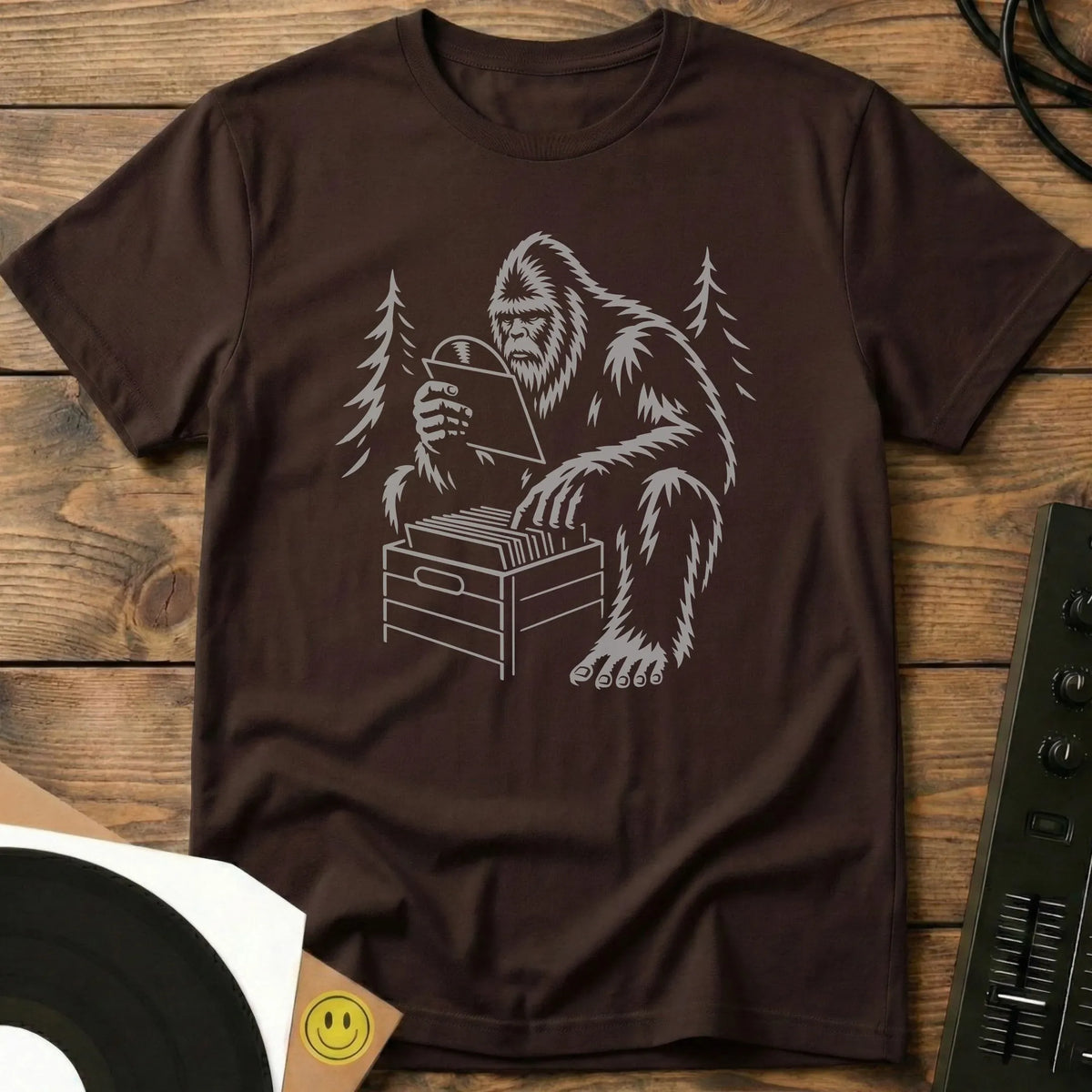 Crate Digging Bigfoot t-shirt in Dark Chocolate