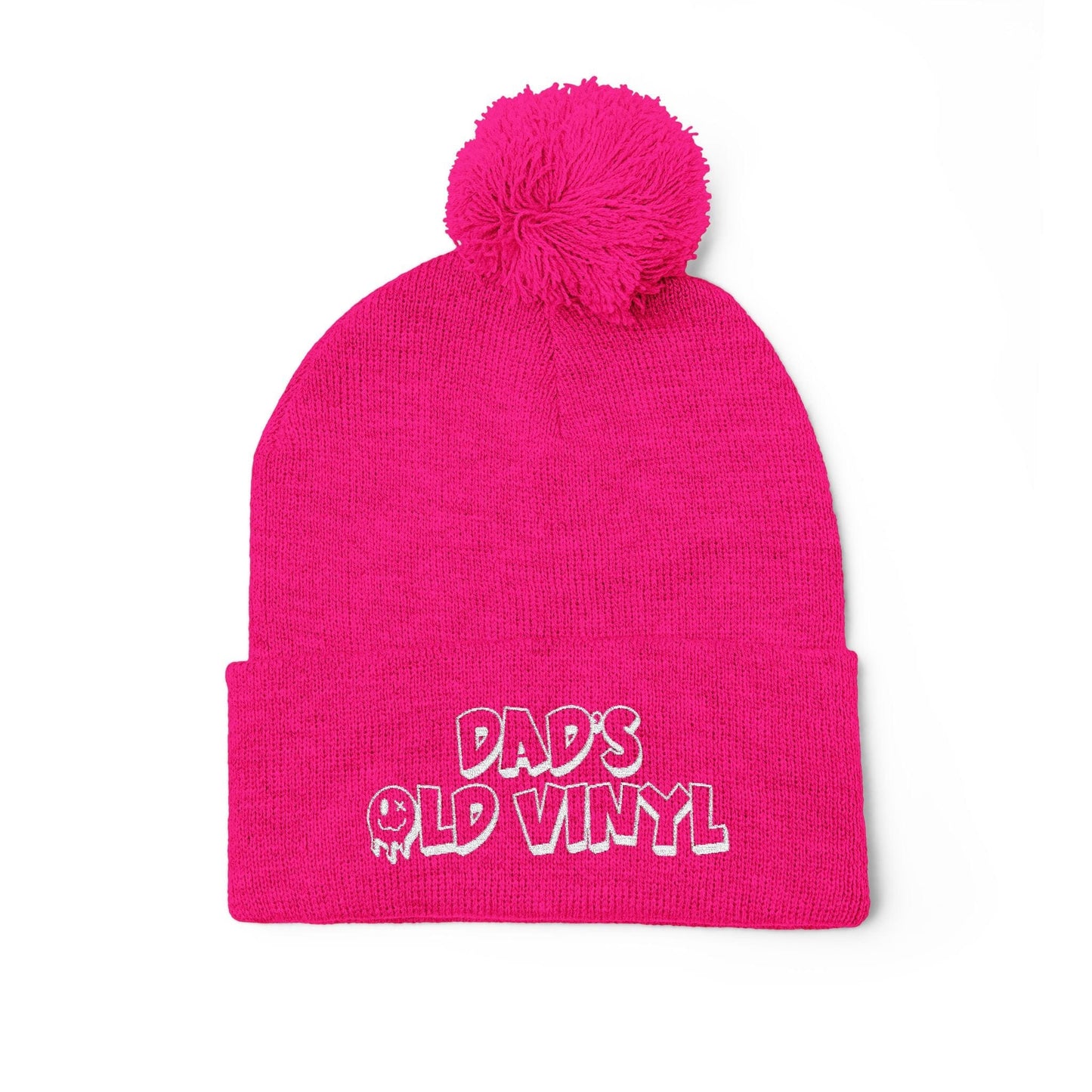 Dads Old Vinyl Embroidered Pom-Pom Beanie One size / Neon Pink Dads Old Vinyl Embroidered Pom-Pom Beanie