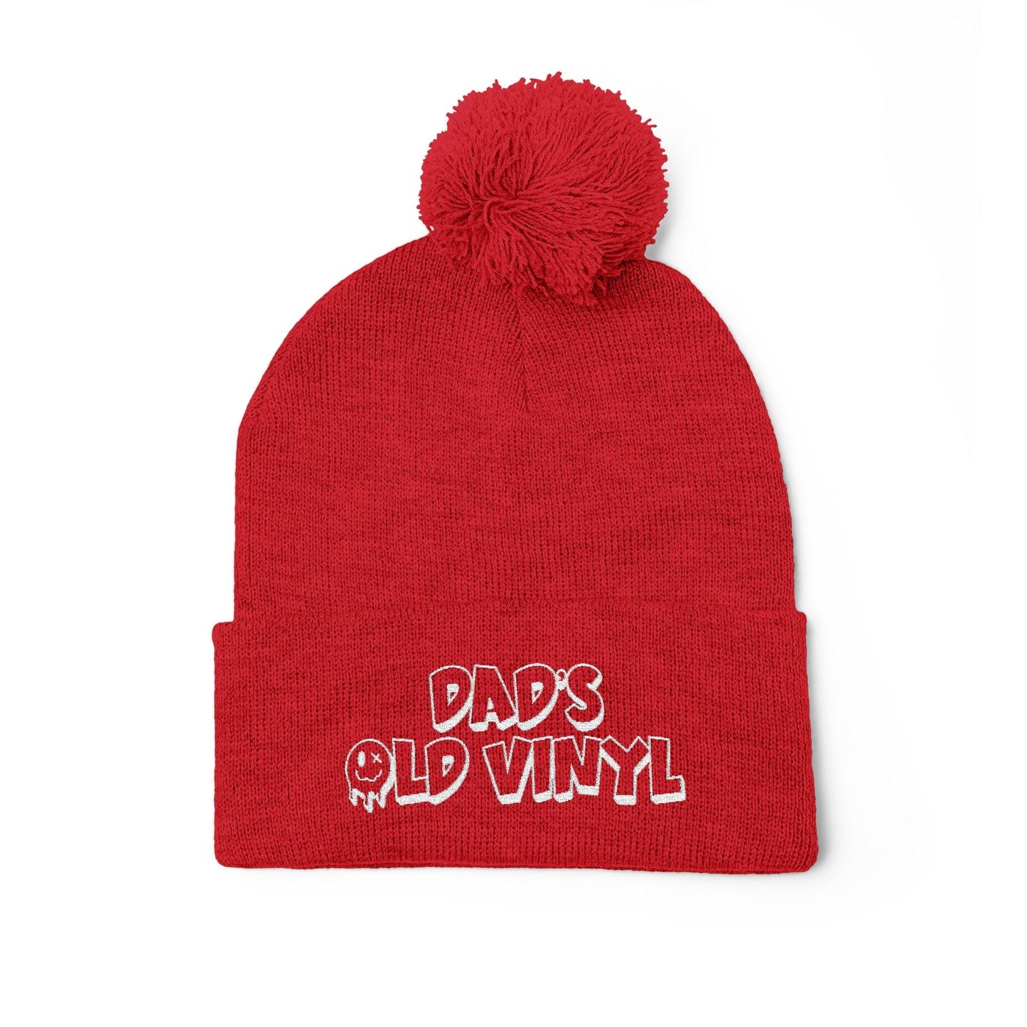 Dads Old Vinyl Embroidered Pom-Pom Beanie One size / Red Dads Old Vinyl Embroidered Pom-Pom Beanie