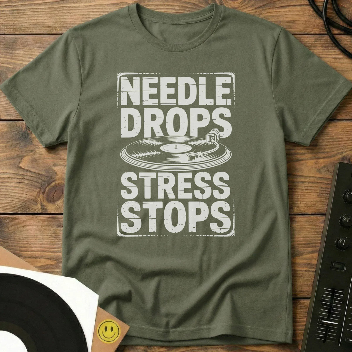 Needle Drops Stress Stops T-Shirt Military Green / S Needle Drops Stress Stops T-Shirt