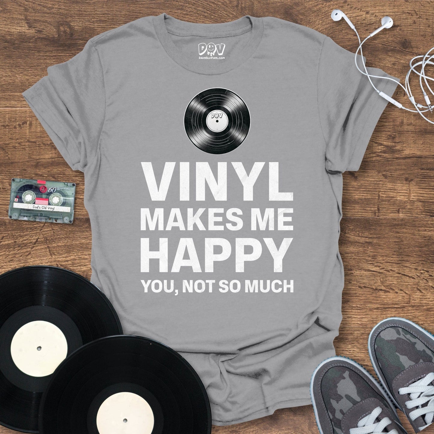 Printify Vinyl Makes Me Happy T-Shirt