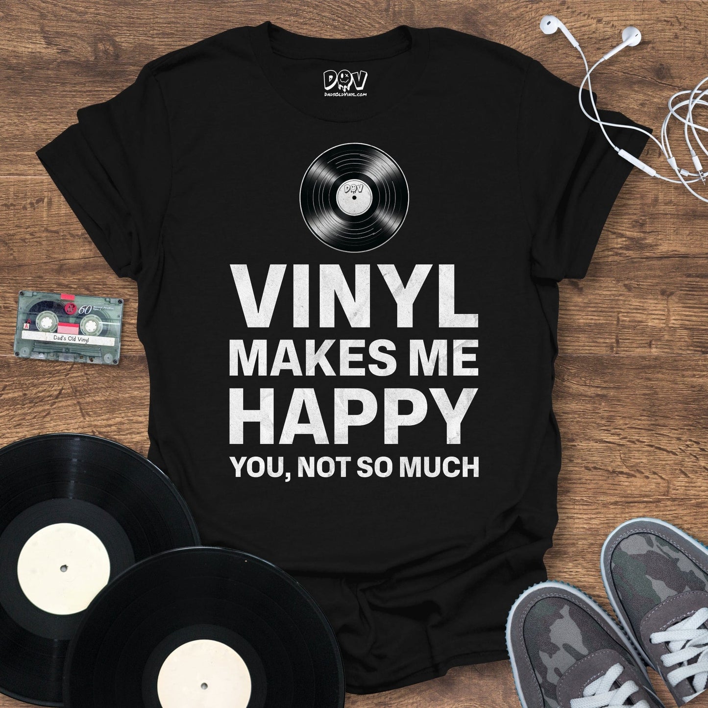 Printify Vinyl Makes Me Happy T-Shirt